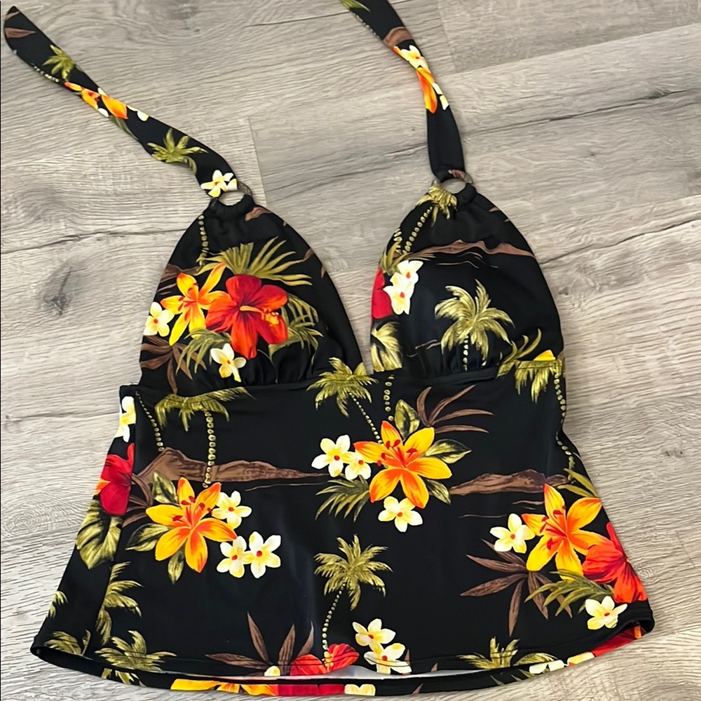 Caribbean Joe Floral Halter Top - Black with Red and Yellow Accents SZ 14